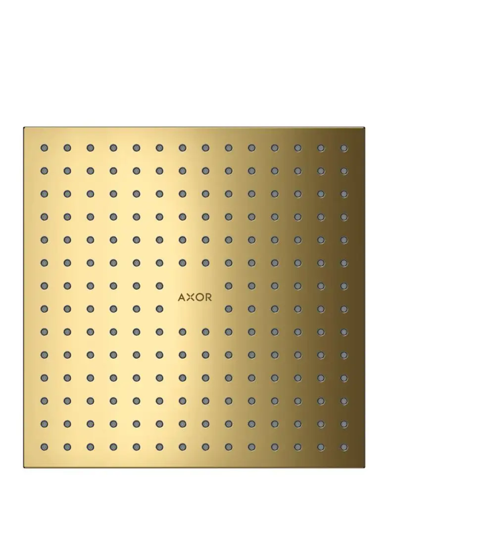 Kopfbrause in glänzendem Gold mit gleichmäßig verteilten Düsen. Markenname "AXOR" auf der Oberfläche sichtbar. Flaches, quadratisches Design.